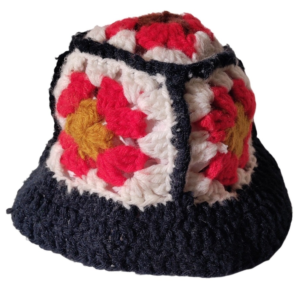 Granny Square knit crocheted bucket hat Youth size multicolor